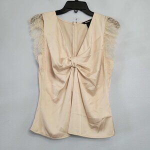 Express Champagne Satin Bow Front Lace Cap Sleeve Blouse Top SM Romantic Chic